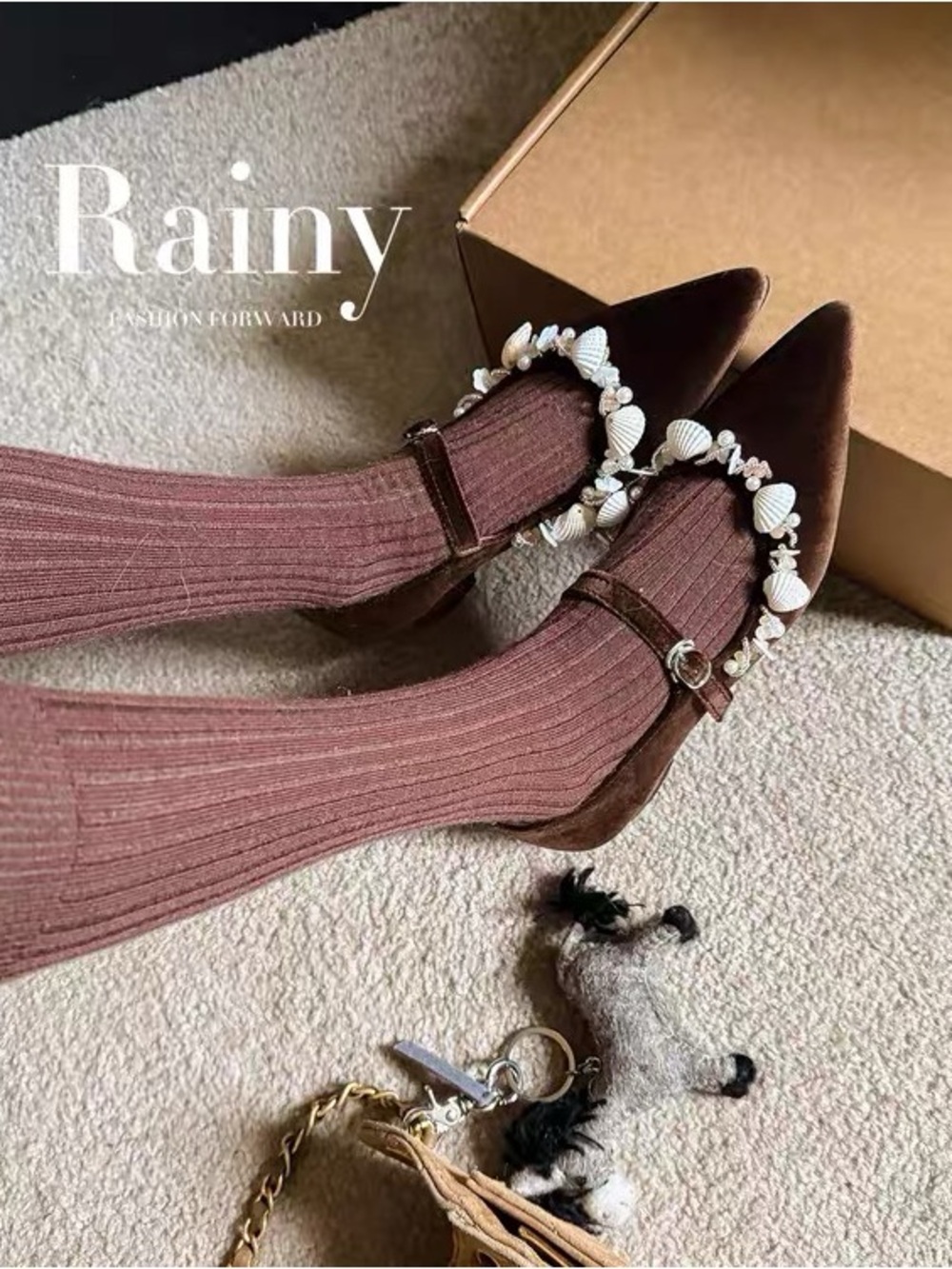Brown Velvet Mary Jane Flats with Shell Embellishments